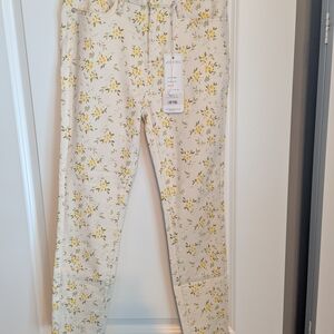 Judy Blue Cream Pants with Yellow Floral Design